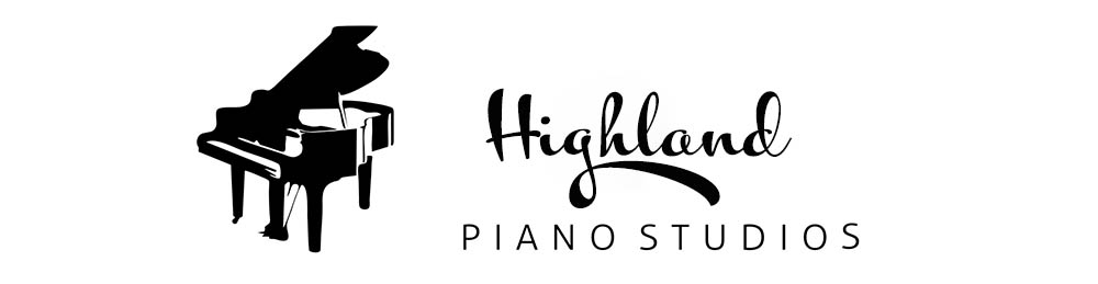 Black and white Highland Piano Studios logo with a grand piano on the left